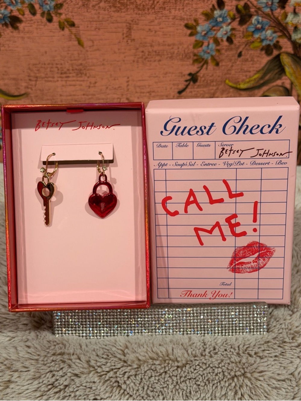 Betsey Johnson Gold Key & Red Heart Dangle Earrings